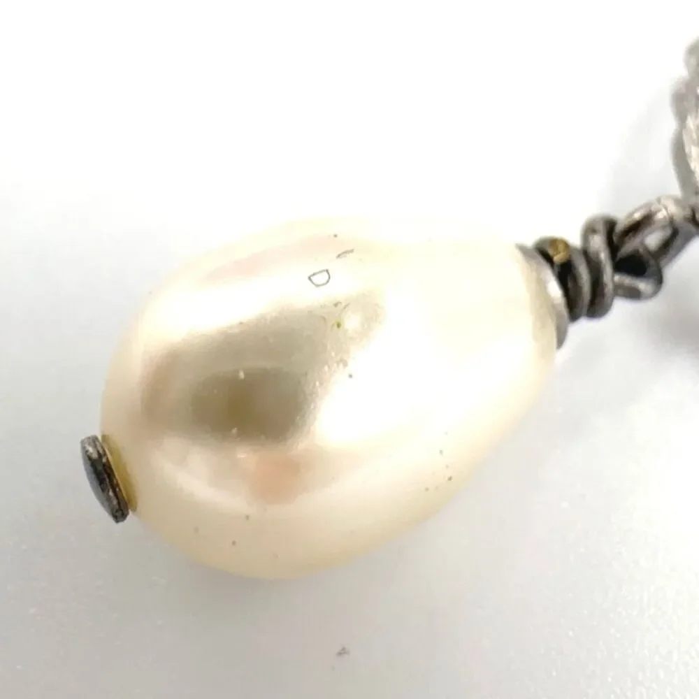 CHANEL Faux Pearl Necklace Silver Metal